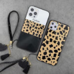 قاب آیفون پلنگی پشت گلس+ بند ست