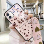 قاب موبایل آیفون پلنگ صورتی خرگوشی پشت گلس+بند ست